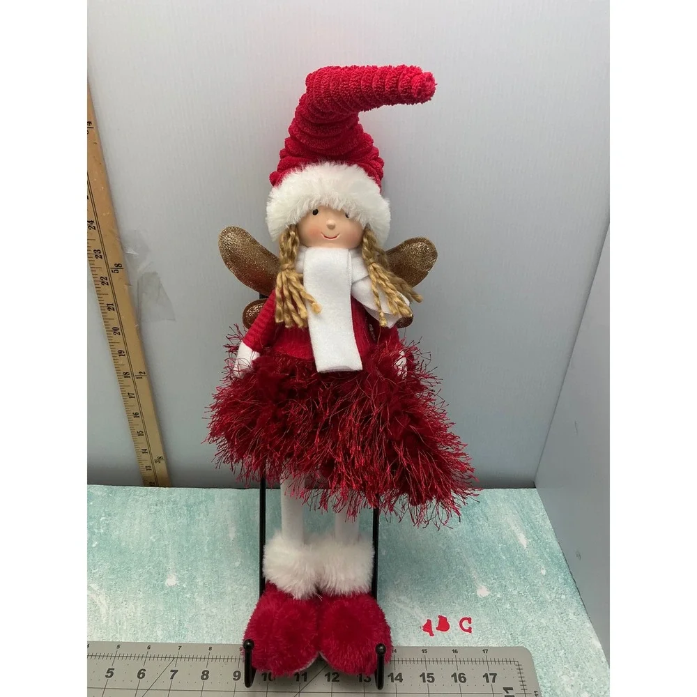 Red White Christmas Fairy Shelf Sitter Holiday Decor Glitter Wings 18 Inch